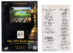 1993 Ryder Cup dinner menu fully-signed by Bernard Gallacher's European team and Tom Watson's