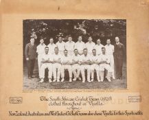 Black and white photograph of the 1929 South African cricket team, with printed legend below and