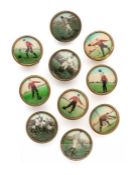 Ten Edwardian footballer-decorated waistcoat buttons, one depicting match action involving several