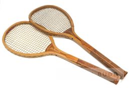 Pair of American Fairmount John Wanamaker tennis rackets 1890s, each with convex wedge, gilt