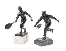 Matching pair of patinated spelter Lawn Tennis players, circa 1925, modelled as a lady playing a