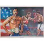 Ken Norton signed boxing print, the artwork by Meadows and dated 2000, depicting Norton in action