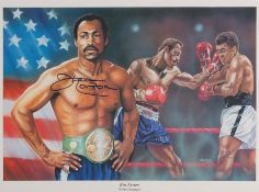 Ken Norton signed boxing print, the artwork by Meadows and dated 2000, depicting Norton in action