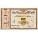 1932 Los Angeles Olympic Games opening ceremony ticket, the card ticket printed with XTH OLYMPIAD