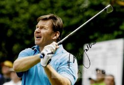 British golf legend Sir Nick Faldo signed ‘The Open’ golf flag and photograph, the flag signed in