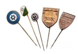 Five gilt metal and enamelled Jewish Maccabi and Sports Clubs lapel pin badges dating from 1924,