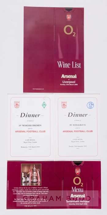 Arsenal FC match day menus and wine lists all from the final season at Highbury,  seven of each, all