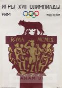 1960 Rome Olympic Games official poster, Cyrilic language, featuring Olympic rings above the Rome