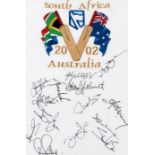 Autographed flag commemorating the 2002 South Africa v Australia cricket series, signed in black