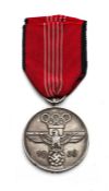 1936 Berlin Olympic Games silvered medal with ribbon for meritous cooperation at the games, of