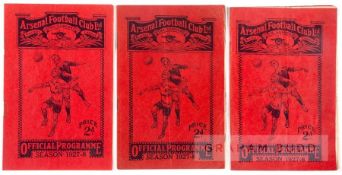 Seven Arsenal home programmes from the 1927-28 season, v Bury, Everton (FAC), Aston Villa (FAC),