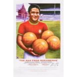 Eusebio signed 1966 World Cup themed print, titled 'The Man from Mozambique', artwork after Jose