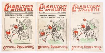 Three Charlton Athletic v Arsenal programme played at The Valley, comprising 1936-37, 1937-38 and