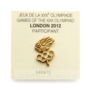 2012 London Olympic Games numbered participants label badge, in the form of a flame above the