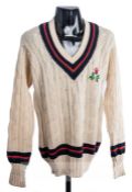 Malcolm Hilton’s cream Lancashire County Cricket Club sweater, woollen long-sleeved, with