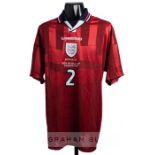 Sol Campbell England 1998 France FIFA World Cup red No.2 home jersey, short-sleeved, with three