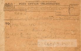 A Post Office telegram to the British double medal winning wrestler George de Relwyskow from HM King