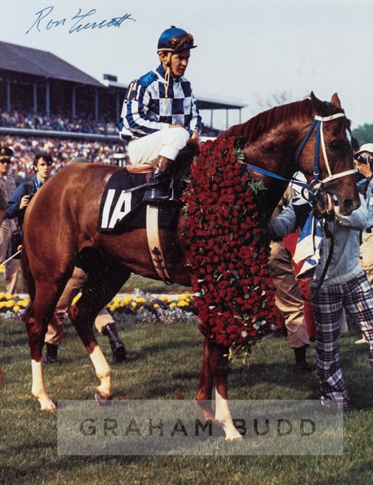 Ron Turcotte signed colour photograph featuring Secretariat's 1973 Kentucky Derby victory, signed