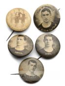 Five Barnsley player lapel badges circa 1905-10, each with individually named player profile in