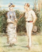 Henry Stephen Ludlow (British, 1861-1947) A LADY AND GENTLEMAN TENNIS PLAYER CONVERSING IN A
