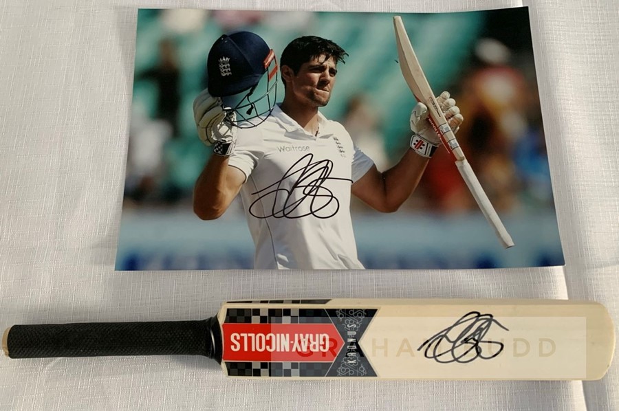 England cricket record Test Match runs scorer Sir Alastair Cook signed mini bat and action - Image 3 of 3