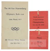 1932 Lake Placid Winter Olympic Games four man bobsleigh qualifying tickets and brochure, the two