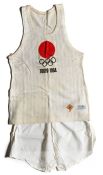 Tokyo 1964 Olympic Games torch relay uniform, comprising a Mizuno cream fabric singlet with TOKYO