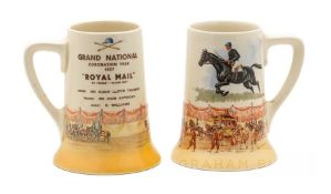 Pair of Royal Doulton pottery tankards commemorating the 1937 Coronation Year Grand National won