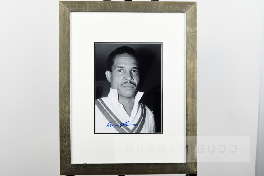 West Indian cricketer Gary Sobers signed framed photograph, b&w portrait photo signed in blue - Image 2 of 3