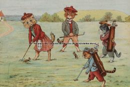 Louis Wain (British, 1860-1939) THE PUTT colour print depicting four feline golfers on the green,