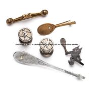 Group of Art Deco tennis brooches, cuff links and tie clip, including Felix the Cat with tennis