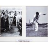 Fred Trueman signed photographic display, comprising a pair of 28 by 20cm. b&w photographs of