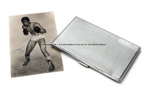 Randolph Turpin signed b&w photograph and cigarette case, photograph signed in blue ink, 5.5 by 3.