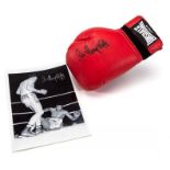 Henry Cooper signed retro Lonsdale boxing glove and two photographs, the Lonsdale left boxing