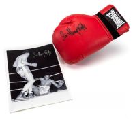 Henry Cooper signed retro Lonsdale boxing glove and two photographs, the Lonsdale left boxing