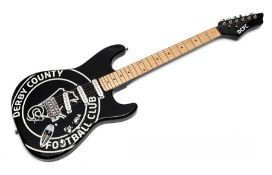 Copy of a Fender Stratocaster electric guitar, finished in the colours of Derby County FC with