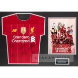 Signed Liverpool FC 2019 TripleTrophy Winners framed presentation, comprising a replica home