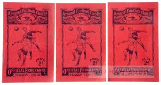 Thirteen Arsenal home programmes from 1930-31 season,  v Leeds United, Sheffield United, West Ham