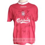 Team-signed Liverpool FC 2002-2004 replica home jersey, shirt size medium with the autographs of