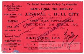 Rare 1930 F.A. Challenge Cup Semi-Final Replay match ticket, Arsenal v Hull City at  Villa Park,