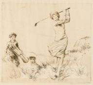 Diane Thorne (American, 1895-1963) LADY GOLFER, WITH CADDY AND DOG, etching., signed in pencil.