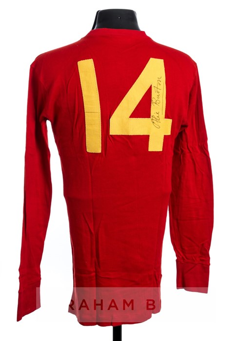 Ollie Burton signed red Wales No.14 home jersey, circa 1970s, long sleeved, reverse numbered 14,