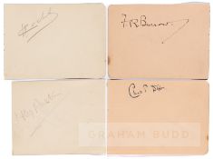 Four 'tennis legends' signatures on individual album pages, comprising HW ‘Bunny’ Austin in pencil,