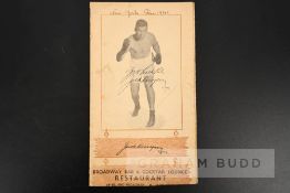 Jack Dempsey signed Broadway Bar & Cocktail Lounge restaurant menu, signed to the front cover by