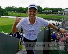 Golfer Justin Rose signed 2019 British Masters pin flag and photograph,, the photo 8 by 12in., comes