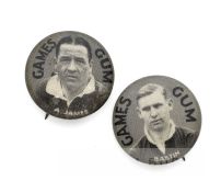 Two Arsenal FC Games Gum lapel badges portraying A. James and C. Bastin, circa 1930s, each of