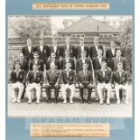 Black and white team photograph of the 25th Australian Cricket tour to England, 1968, with typed