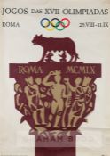 1960 Rome Olympic Games official poster, Portuguese language, featuring Olympic rings above the Rome