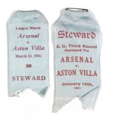 Two Arsenal v Aston Villa  match steward's silk badges, dated 1931, the first from the EC (FA?)