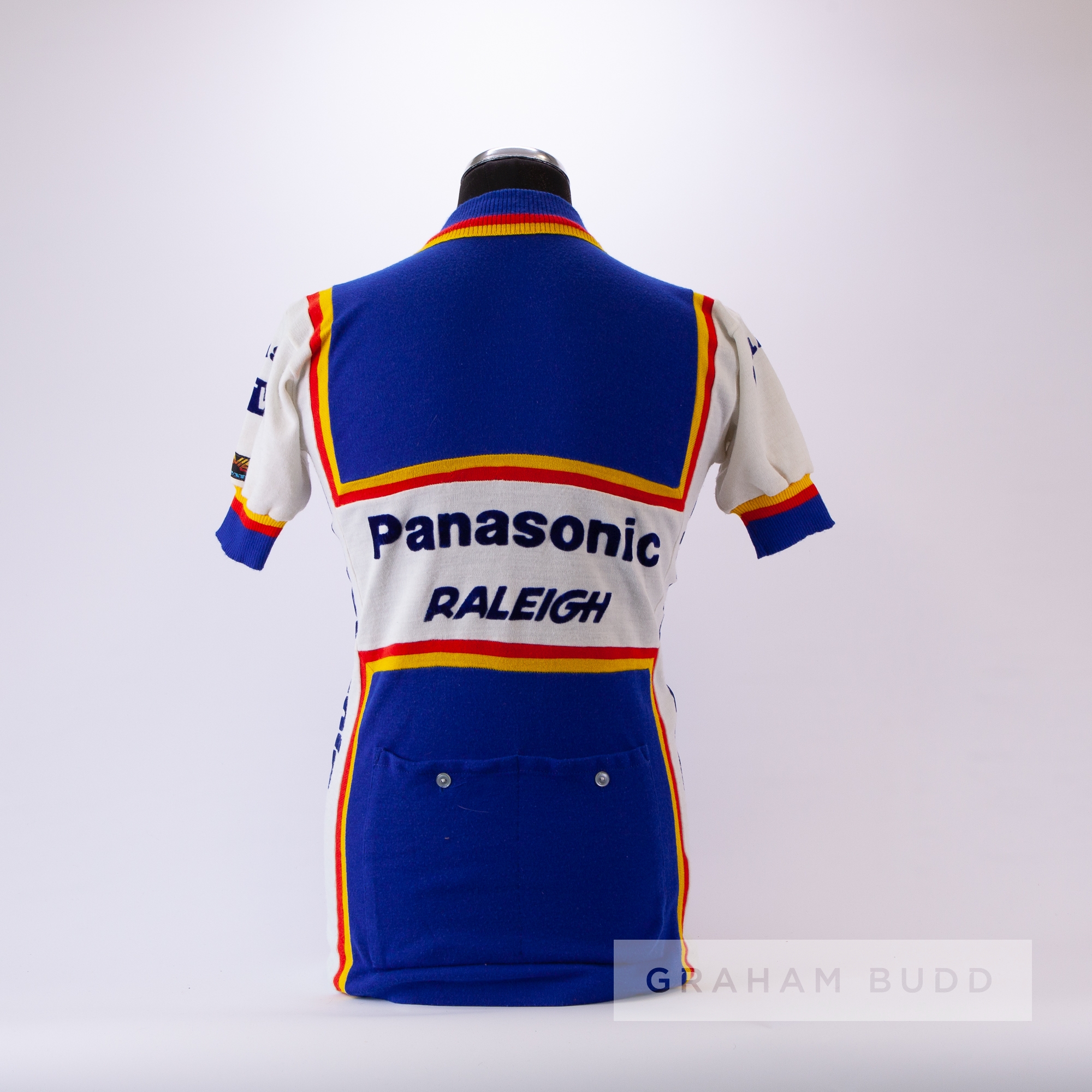 1984 blue, yellow, red and white Panasonic Raleigh Cycling race jersey, scarce, acrylic short- - Image 4 of 4